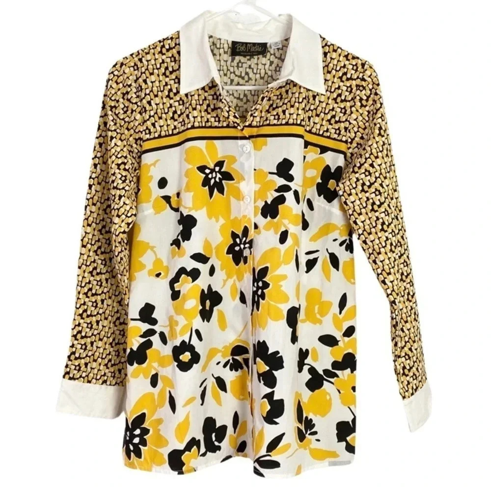 Bob Mackie Wearable Art Vintage Button Down Blouse Top XS Yellow Black Floral